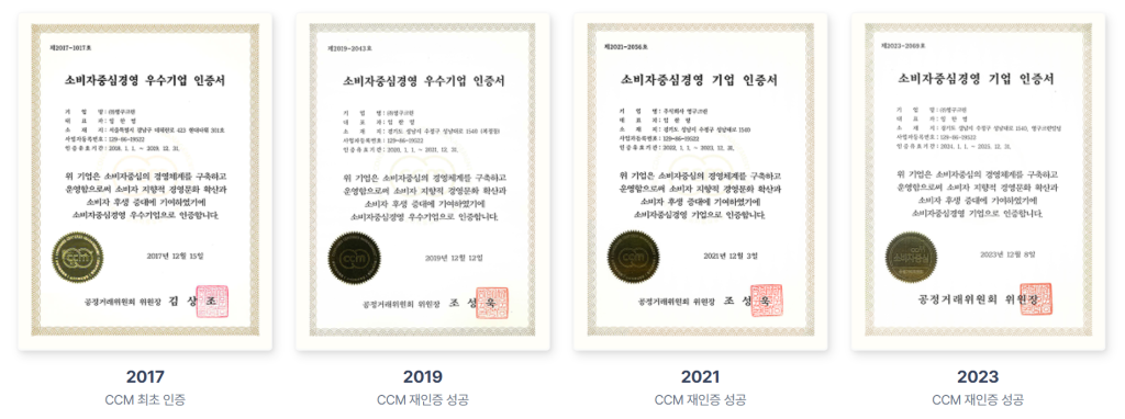 영구크린의 한국소비자원 CCM(소비자중심경영) 인증 이력