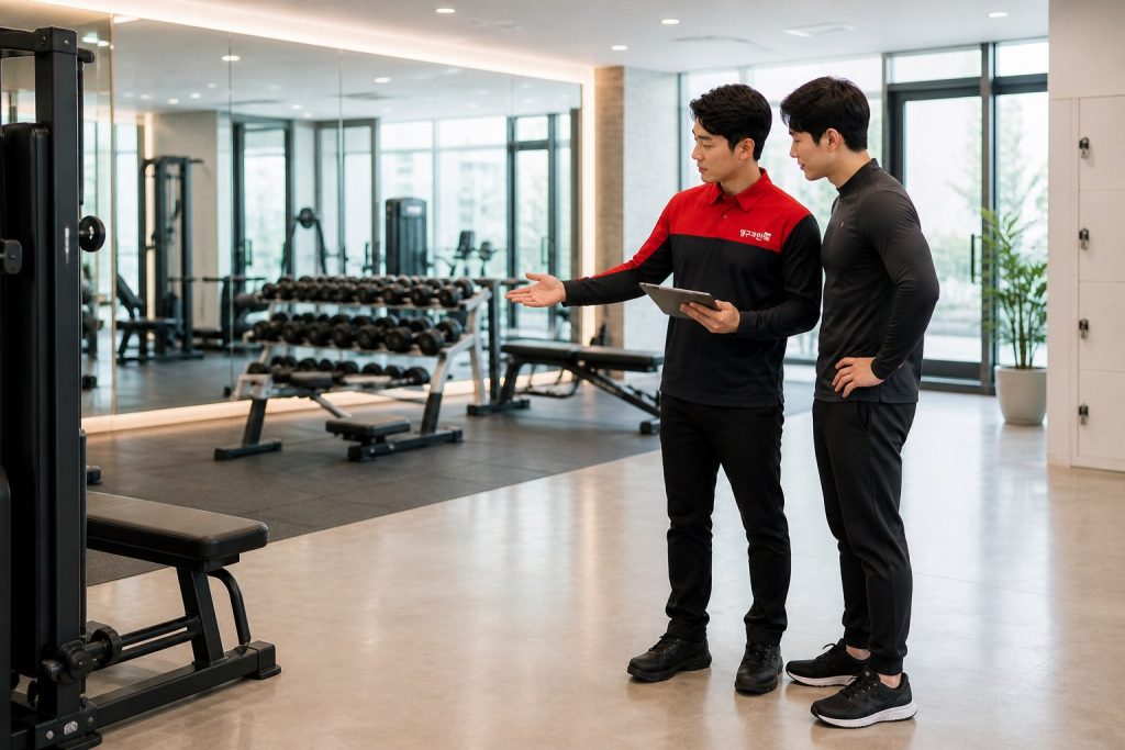 영구크린 직원이 헬스장 관계자에게 태블릿으로 청소 범위를 안내하는 모습