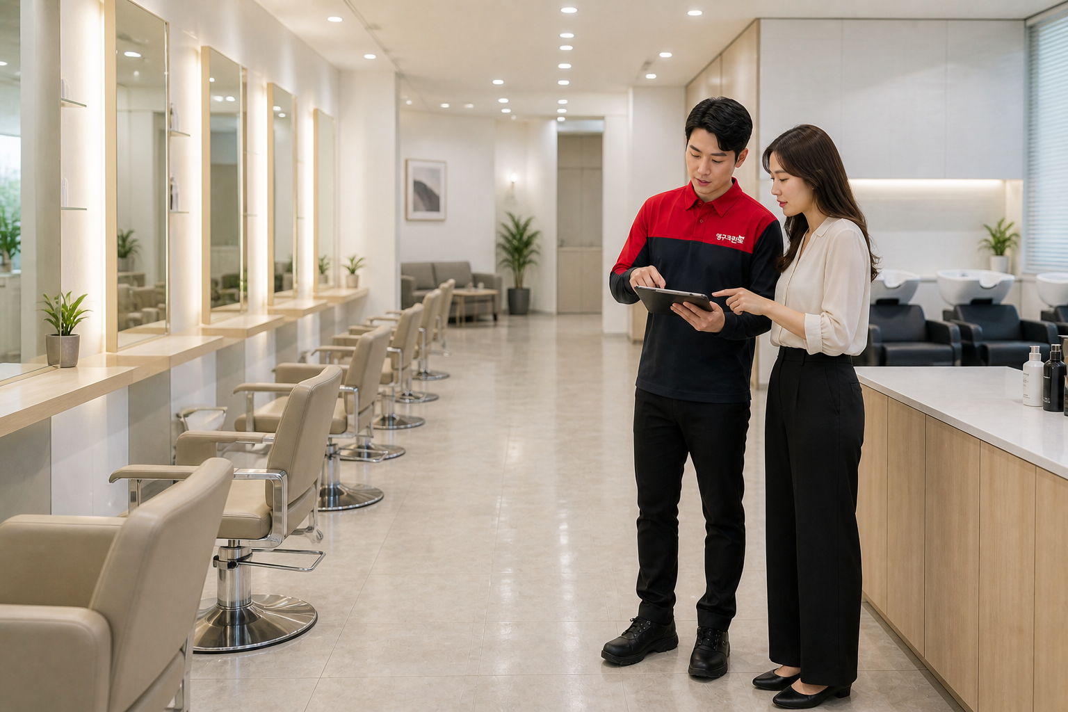 영구크린 직원이 미용실 원장과 태블릿으로 청소 견적을 상담하는 모습