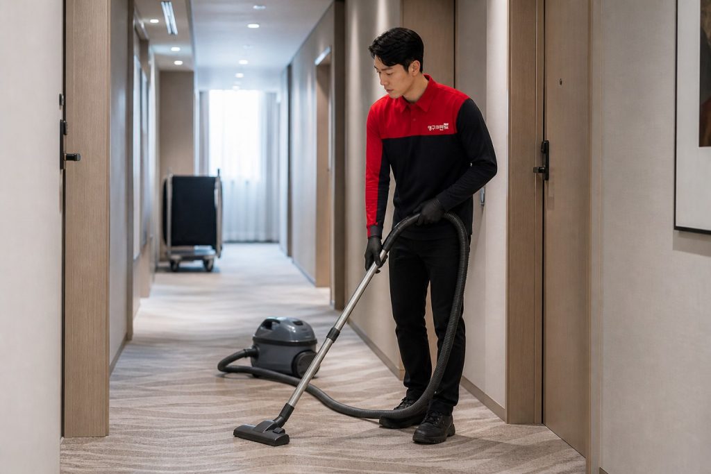 영구크린 직원이 숙박시설 객실 복도 카펫을 청소기로 청소하는 모습