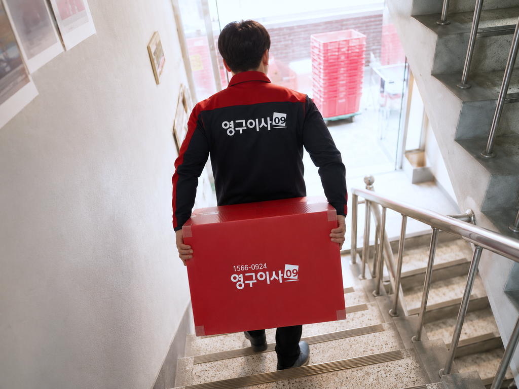 이삿짐센터 작업자가 계단을 이용해 포장된 이삿짐을 운반하는 모습