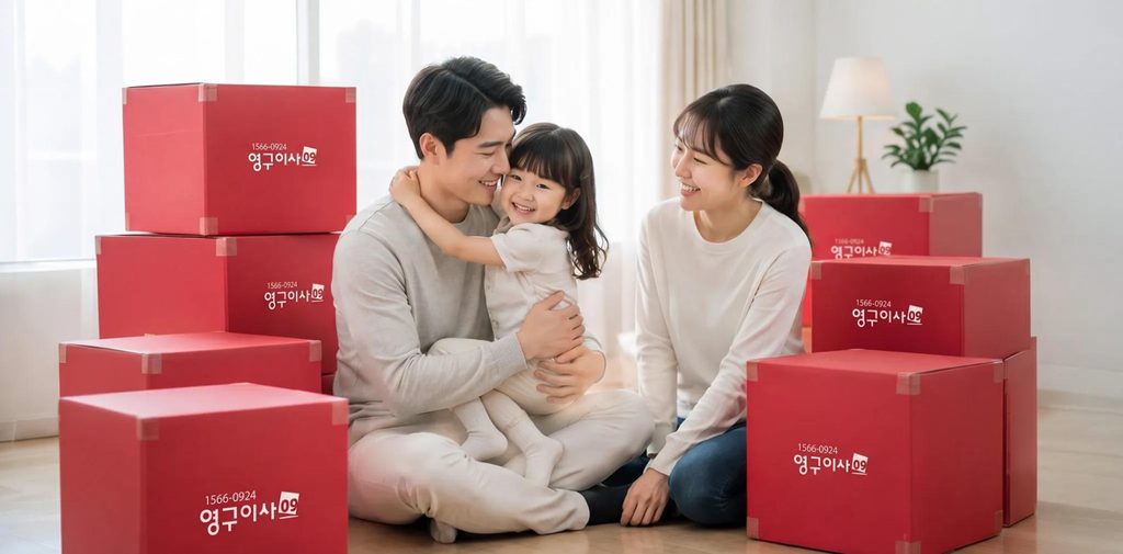 영구이사 로고가 표시된 빨간색 이삿짐 박스 사이에 앉아 있는 부모와 어린 딸