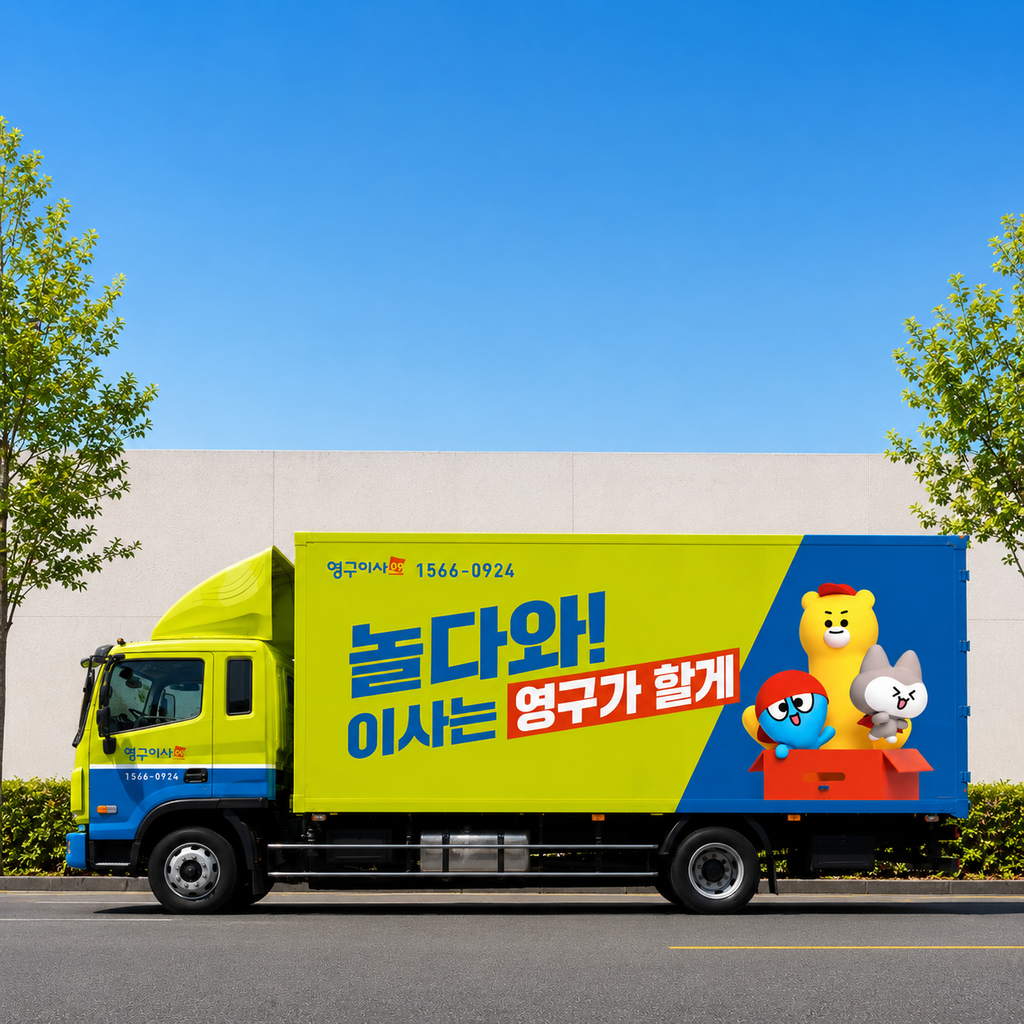 이사업체 로고가 그려진 이사 트럭 측면