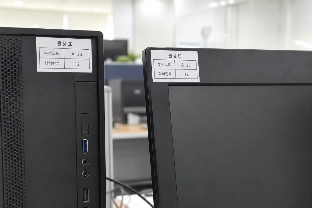 부서코드와 좌석번호가 적힌 물품표를 붙인 컴퓨터 본체와 모니터