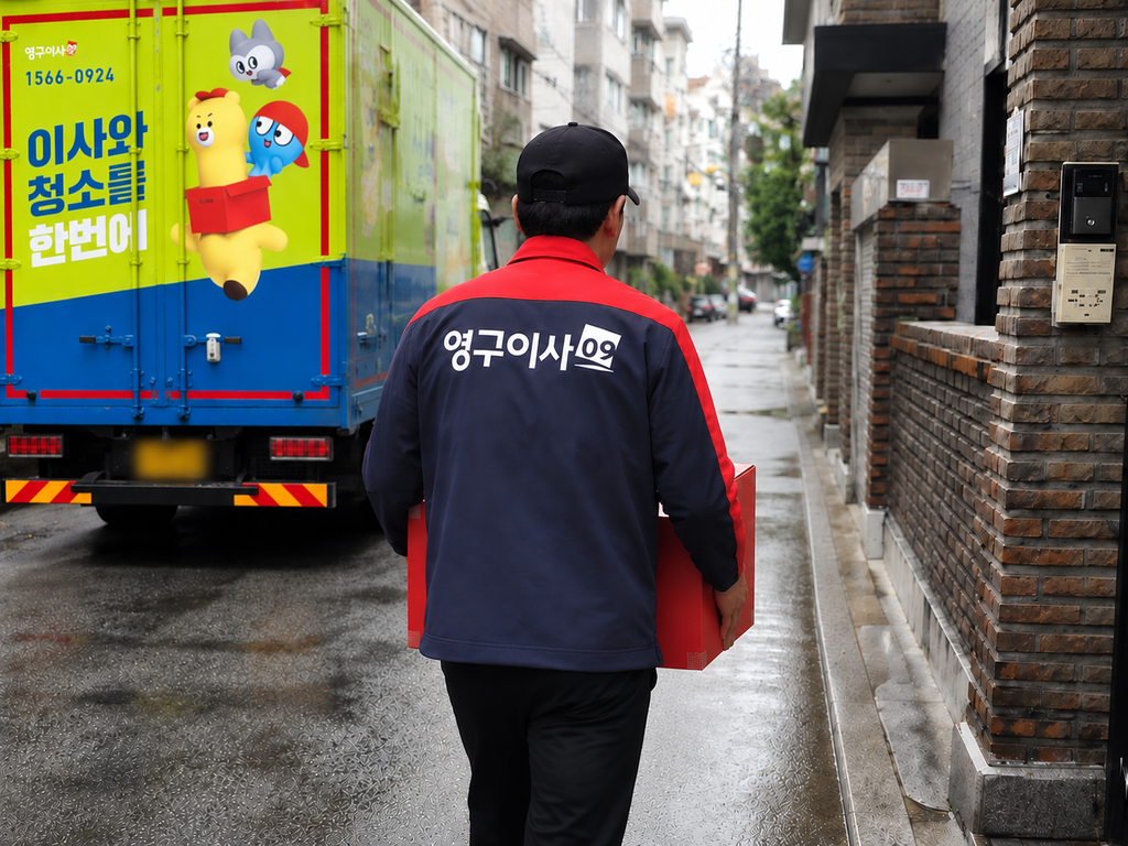 영구이사 작업복을 입고 짐을 나르는 직원의 모습